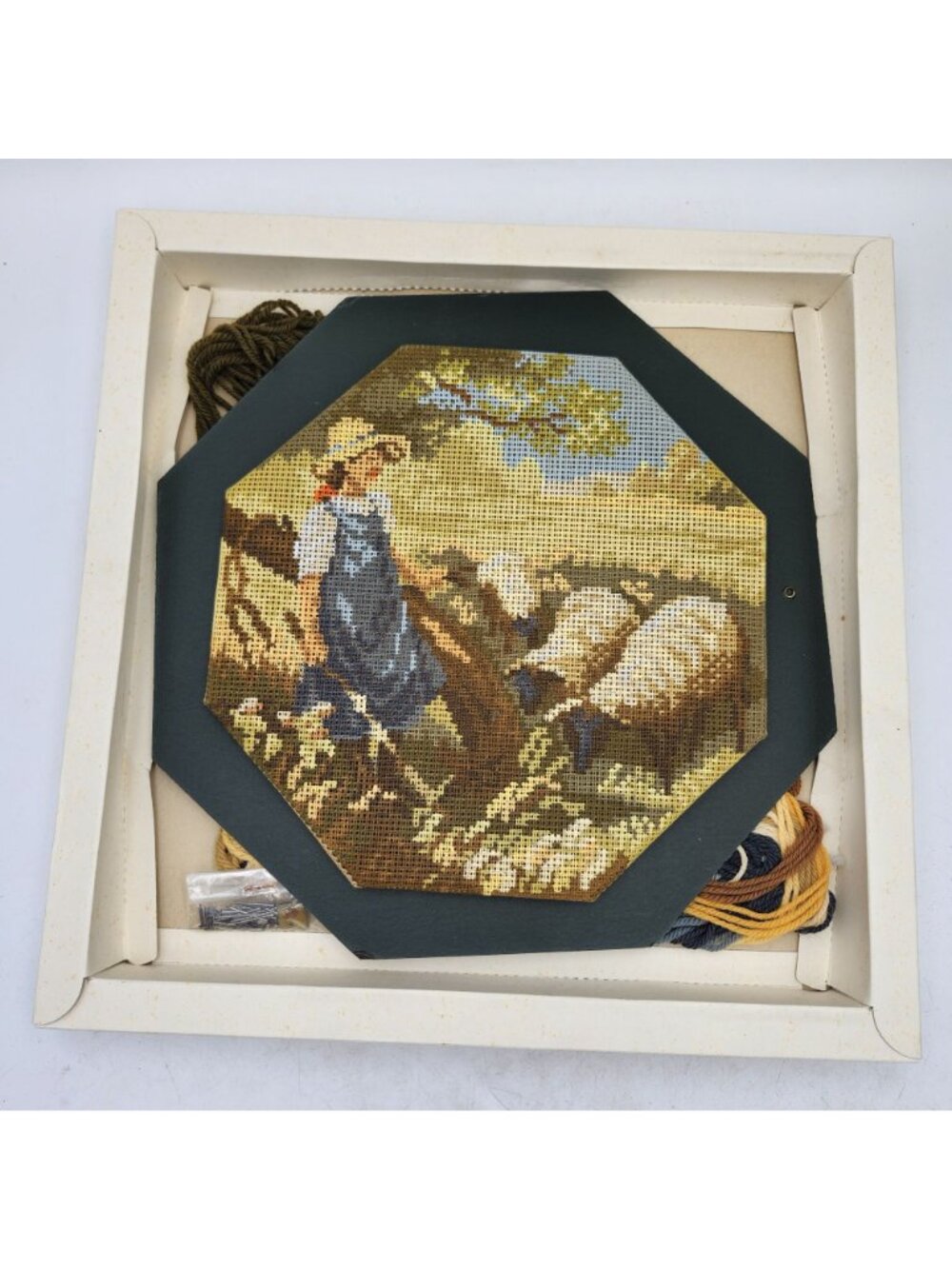 AMC German Needlepoint Kit Shepherdess Sheep Scene 8391886 Octagonal Gobelin - Picture 5 of 10